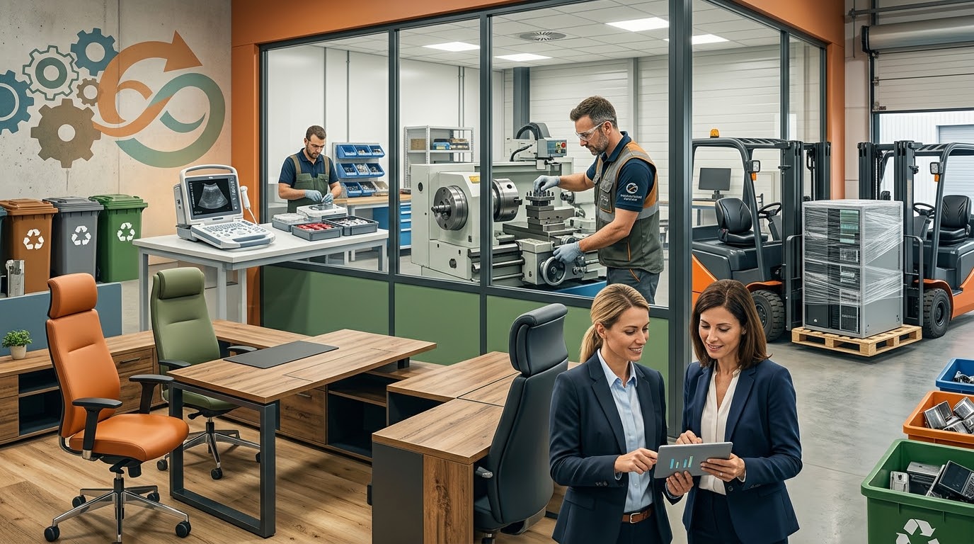 Image d'en-tête de l'article : "Le boom du B2B de seconde main : comment le reconditionné pro révolutionne le commerce B2B en France" Cette photographie de haute qualité, au format 16:9, offre une vue en plongée et en coupe d'un vaste espace commercial et industriel moderne, illustrant l'intégration réussie de l'économie circulaire dans le monde professionnel. L'image, de style "presse média", est un composite sans texte, structuré en trois zones narratives distinctes. Dans la partie inférieure gauche, un espace bureau moderne et lumineux présente des mobiliers reconditionnés : deux bureaux en bois clair sur des structures en métal noir, accompagnés de chaises de bureau ergonomiques élégantes, une en cuir orange et l'autre en tissu vert sapin. Un grand mur de béton adjacent à cet espace est orné d'un graphisme mural stylisé représentant des engrenages de différentes tailles qui s'entremêlent avec une flèche en boucle formant le symbole de l'infini, peints dans des tons d'orange et de bleu, évoquant la collaboration et la transition écologique. La partie supérieure droite montre un vaste atelier industriel à travers de grandes vitres. À l'intérieur, deux techniciens en tenue de travail (lunettes de sécurité, tabliers) s'affairent sur un tour d'usinage complexe et un équipement médical d'imagerie (un échographe sur un stand). Des chariots de manutention, des étagères de stockage de pièces et des bacs de tri sélectif verts avec le logo de recyclage blanc sont visibles. Un chariot élévateur à fourche déplace un gros équipement informatique (un rack de serveurs) vers une zone d'expédition. Au centre de l'image, dans un couloir en parquet bois séparant le bureau de l'atelier, deux femmes en tenue professionnelle (business casual) discutent avec enthousiasme. L'une, aux cheveux blonds, tient une tablette tactile allumée où l'on aperçoit un tableau de bord graphique avec des flèches montantes, pointant quelque chose sur l'écran pour son interlocutrice. Elles incarnent la prise de décision et la croissance commerciale. L'éclairage est naturel et diffus, mettant en valeur les différentes textures et matériaux, du métal usiné au bois poli, en passant par le verre et le tissu. Le style visuel est poli et dynamique, capturant l'essence d'un écosystème d'entreprise prospère et durable, alliant efficacité opérationnelle et responsabilité environnementale.