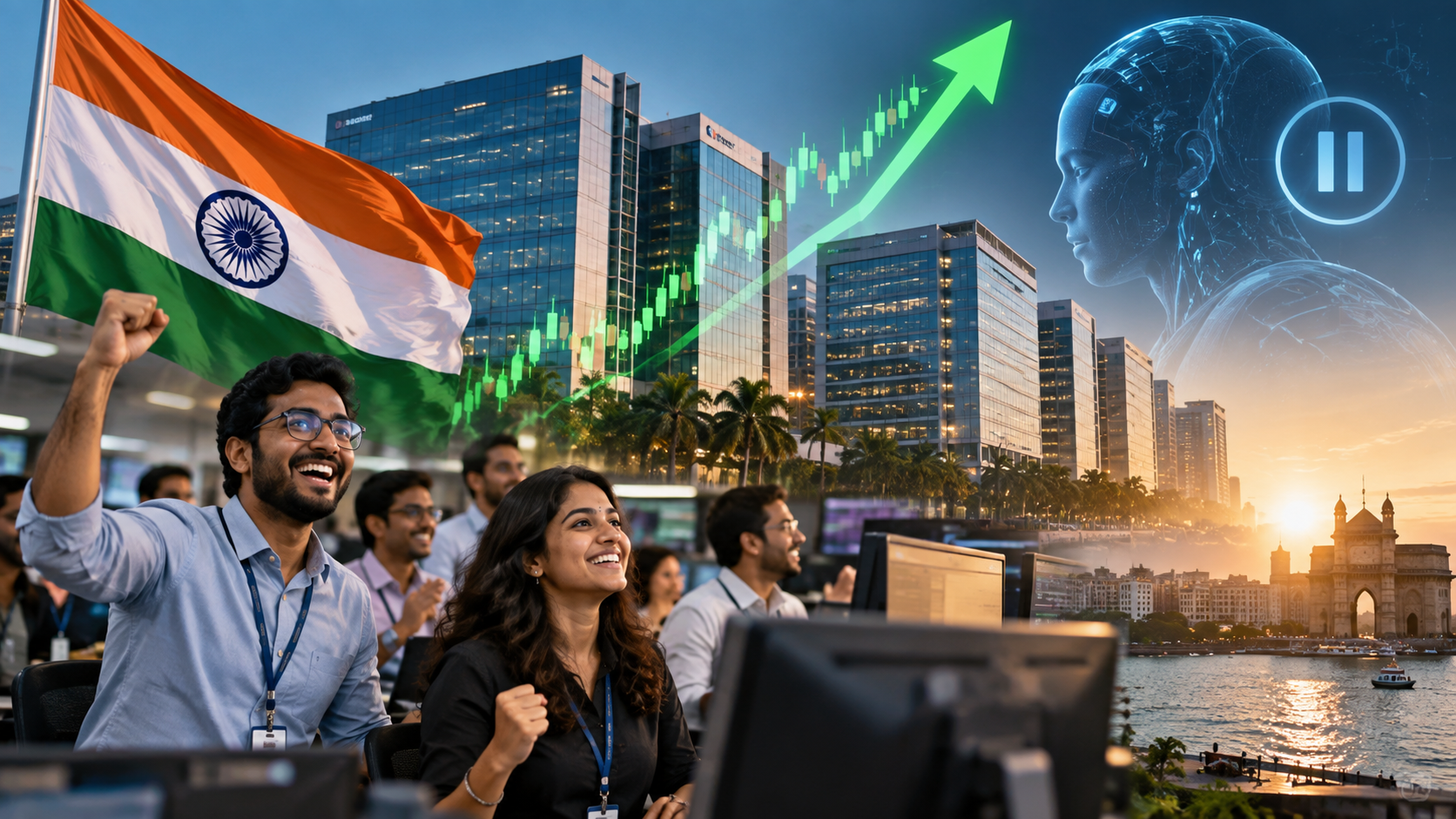 Des professionnels indiens du secteur informatique célèbrent la hausse des valeurs technologiques devant des écrans de marché, avec le drapeau de l’Inde, un quartier d’affaires, une courbe boursière ascendante et une représentation de l’intelligence artificielle en arrière-plan, illustrant le rebond des géants indiens de l’IT après les appels à ralentir le développement de l’IA.