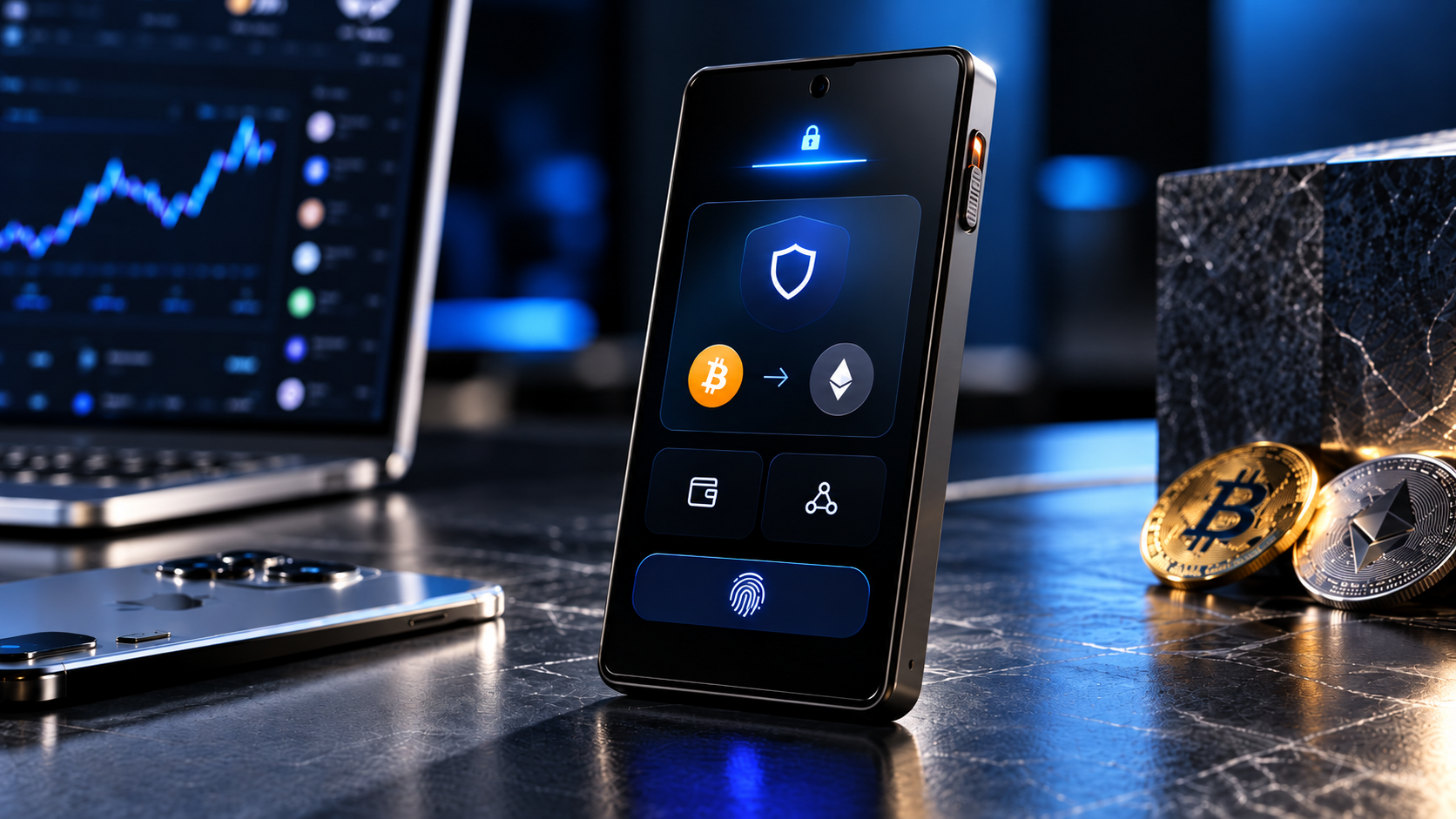 Ledger Atom représenté comme un appareil Android ultra-sécurisé dédié à la protection des cryptomonnaies, des données personnelles et des transactions numériques, avec une interface de sécurité affichant Bitcoin, Ethereum, authentification biométrique et protection matérielle dans un environnement technologique sombre.