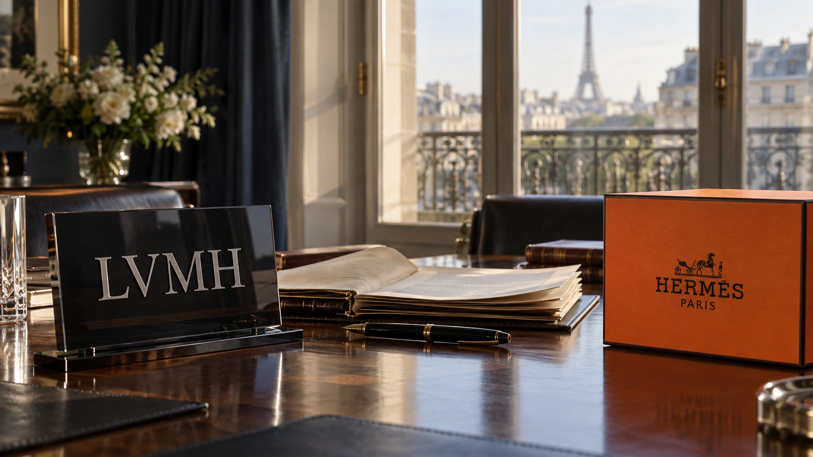 Plaque LVMH et boîte orange Hermès de part et d’autre d’un dossier ouvert sur une table dans un bureau parisien, illustration de l’affaire des actions de Nicolas Puech.