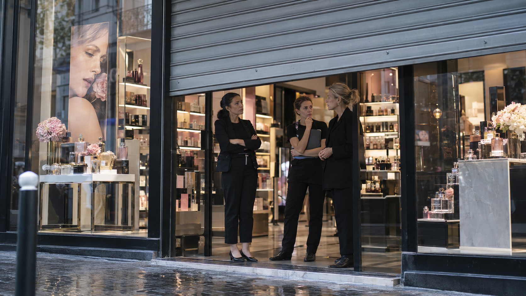 Trois salariées réunies à l’entrée d’une parfumerie française au rideau métallique partiellement baissé, entourées de vitrines de cosmétiques, une scène illustrant les inquiétudes liées au projet de rachat de Marionnaud et à l’avenir de ses magasins.