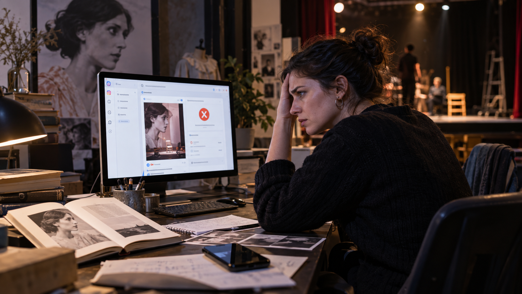 Responsable marketing d’un théâtre devant une campagne publicitaire refusée sur les réseaux sociaux, illustrant le blocage par Meta d’une publicité autour de Virginia Woolf et du féminisme.