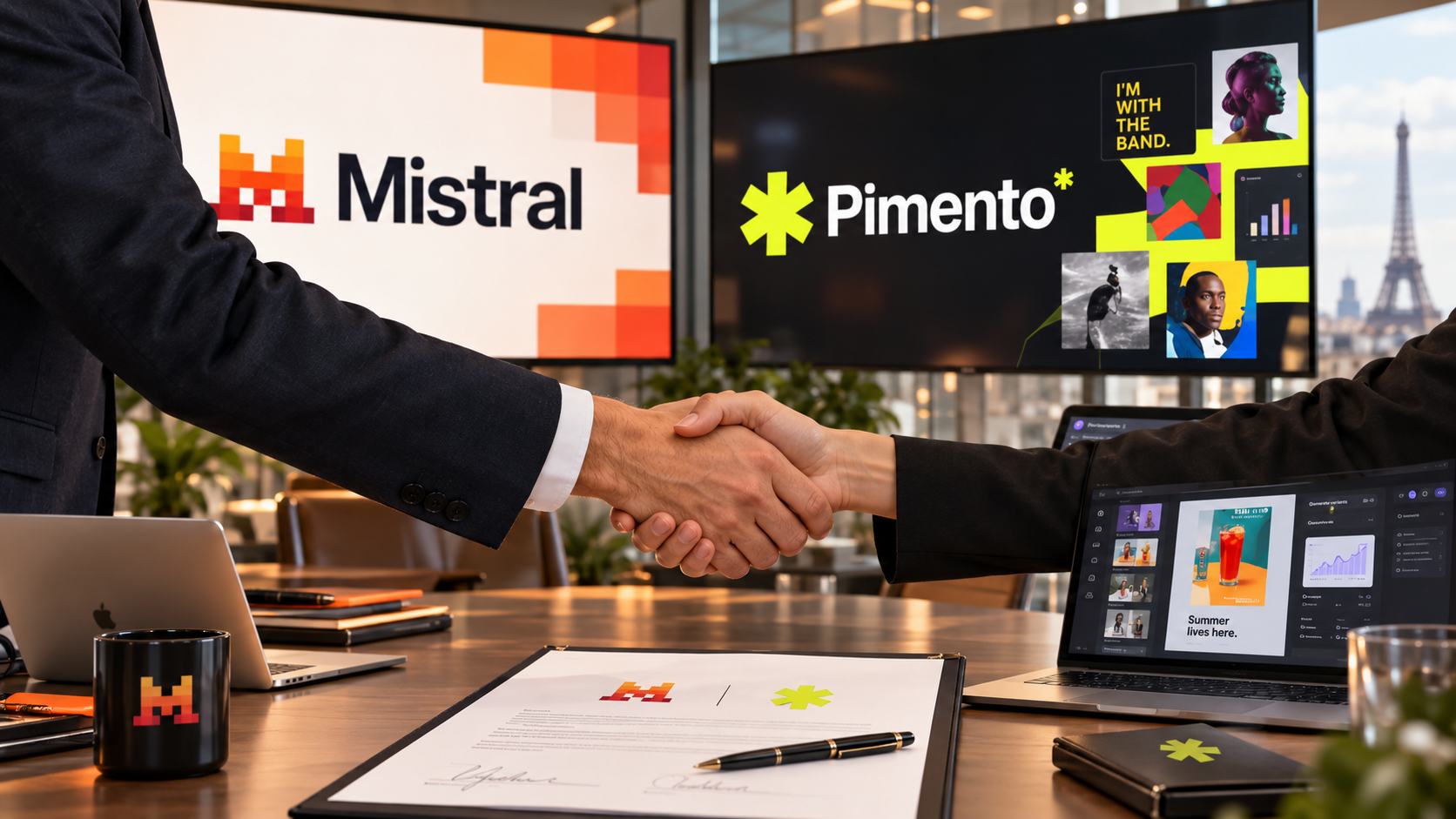 Illustration du rachat de Pimento par Mistral AI, avec les logos des deux entreprises lors d’un accord symbolisant l’expansion de Mistral vers la publicité par intelligence artificielle et les logiciels métier.