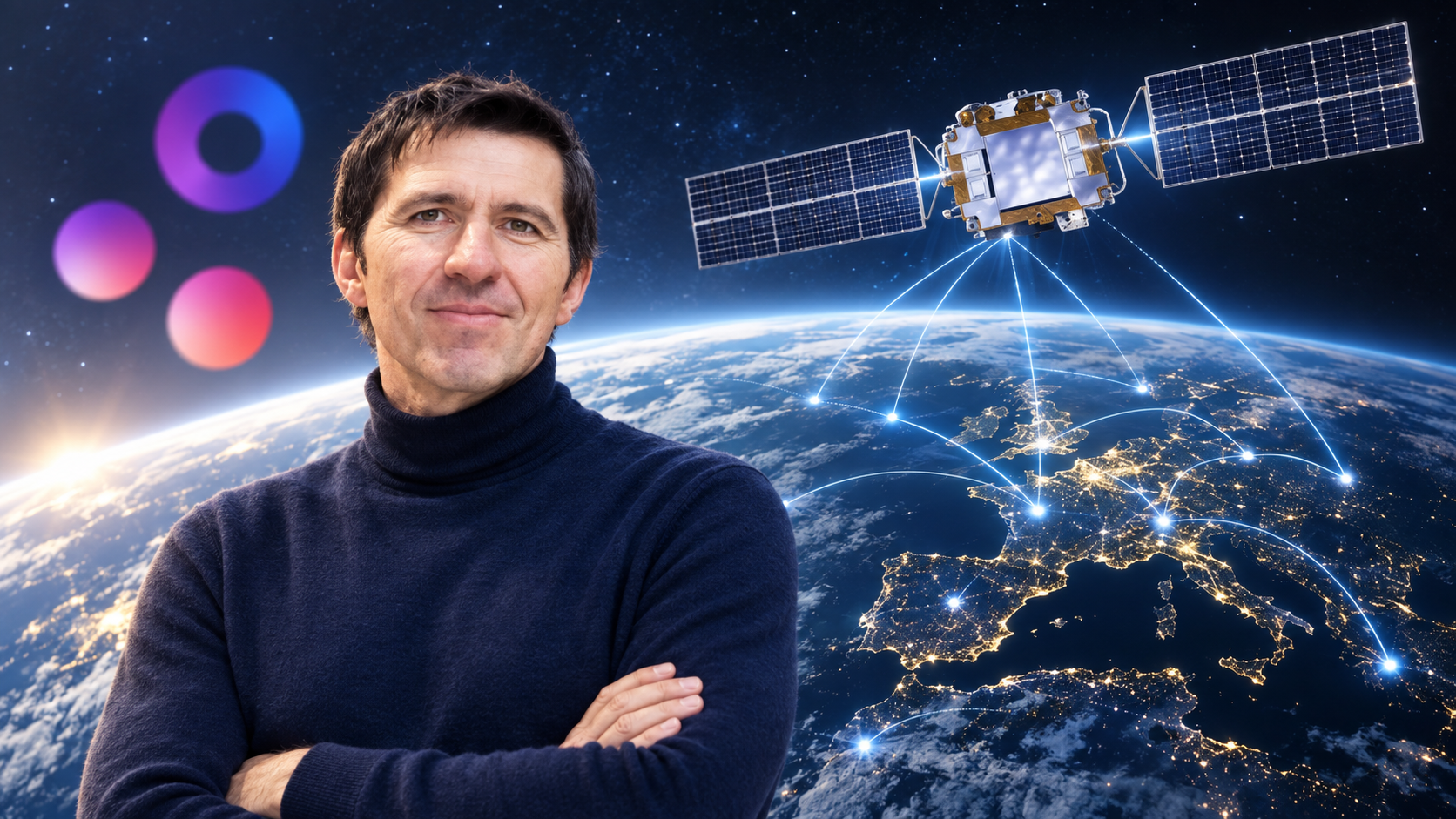 Portrait de Charles Delfieux, fondateur d’Univity, devant la Terre et un satellite de télécommunications illustrant le projet de réseau 5G spatial développé par l’entreprise française.