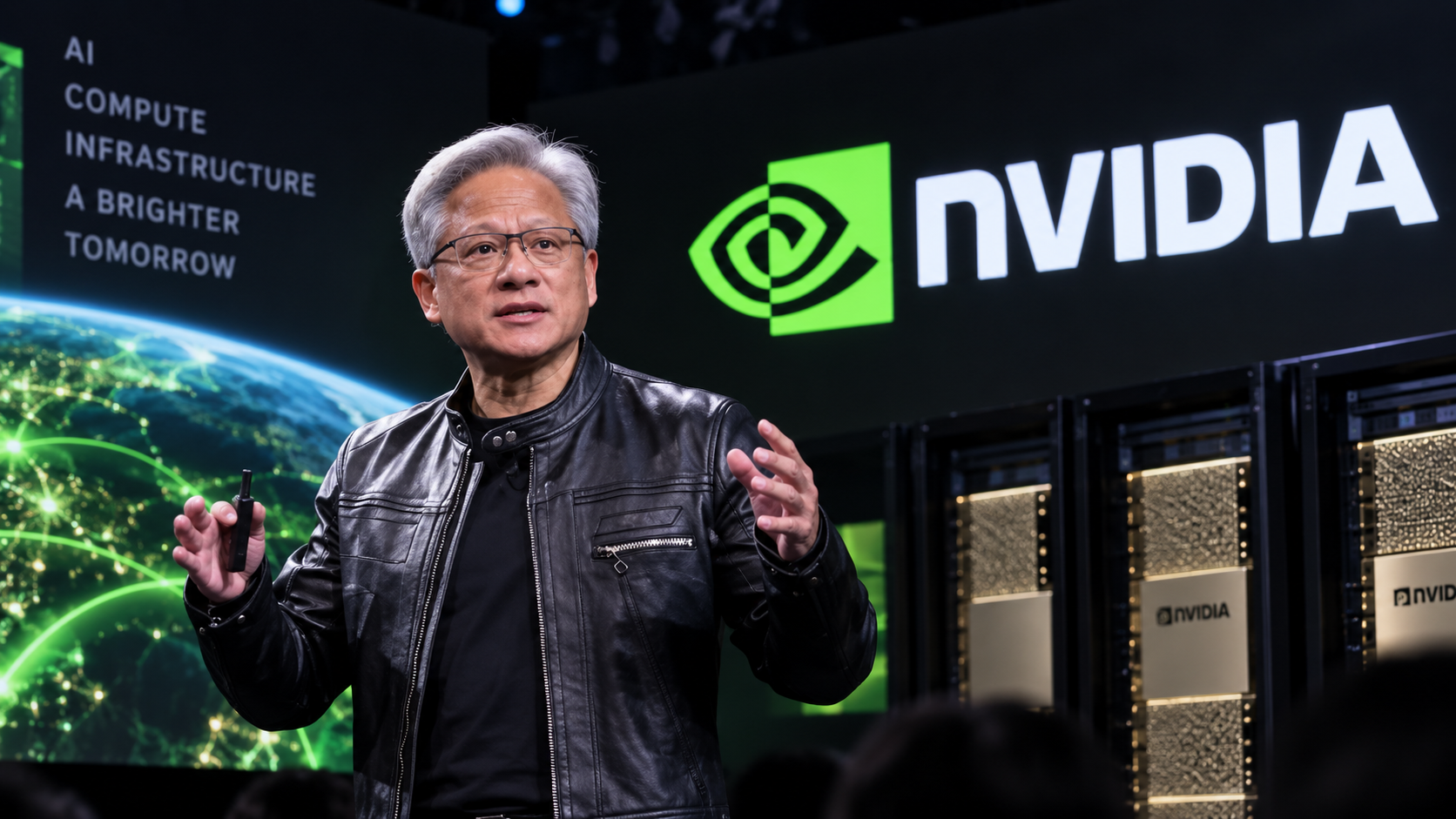 Jensen Huang, PDG de Nvidia, lors d’une présentation consacrée à l’intelligence artificielle et aux infrastructures de calcul, devant l’identité visuelle Nvidia et des équipements de data center.