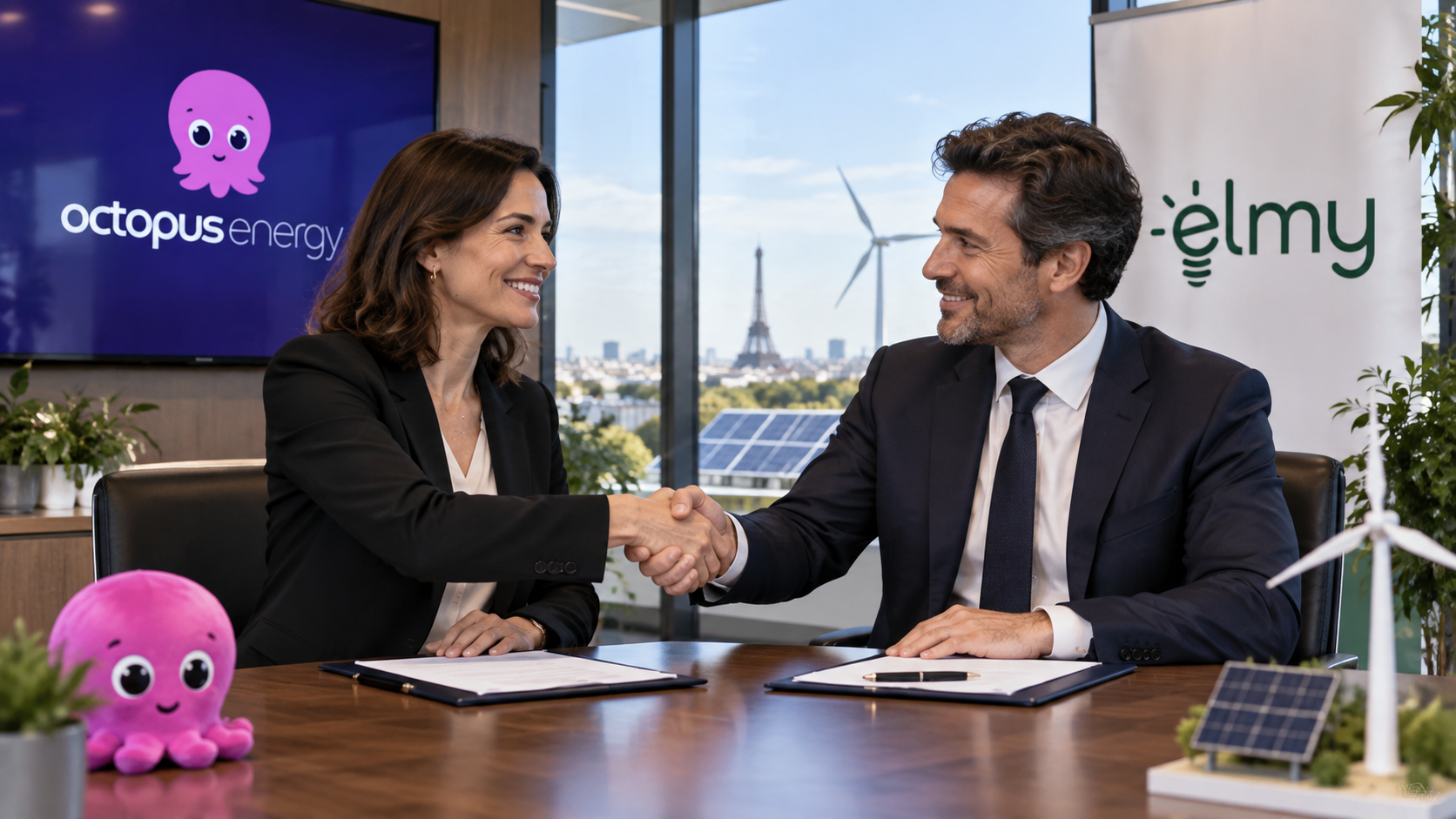 Représentants d’Octopus Energy et d’Elmy lors d’un accord symbolisant l’acquisition de 20 000 clients particuliers d’Elmy par Octopus Energy France.