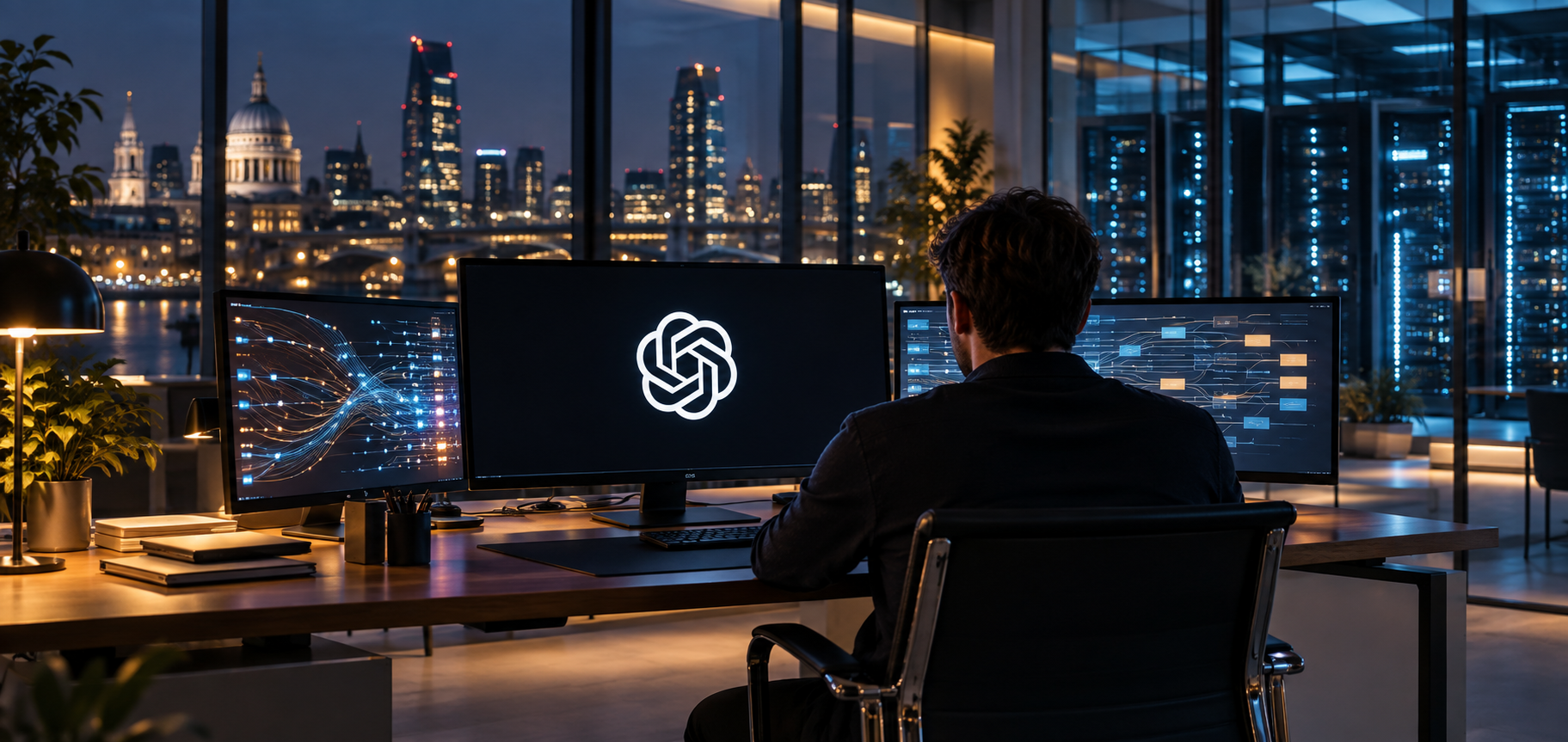 Dans un bureau vitré à la tombée de la nuit, un professionnel observe trois écrans d’ordinateur. Le logo OpenAI apparaît sur l’écran central, tandis que des flux de travail abstraits figurent sur les écrans voisins et que des serveurs sont visibles en arrière-plan. Visuel illustrant l’annonce des agents IA Dots et leur fonctionnement dans le cloud.