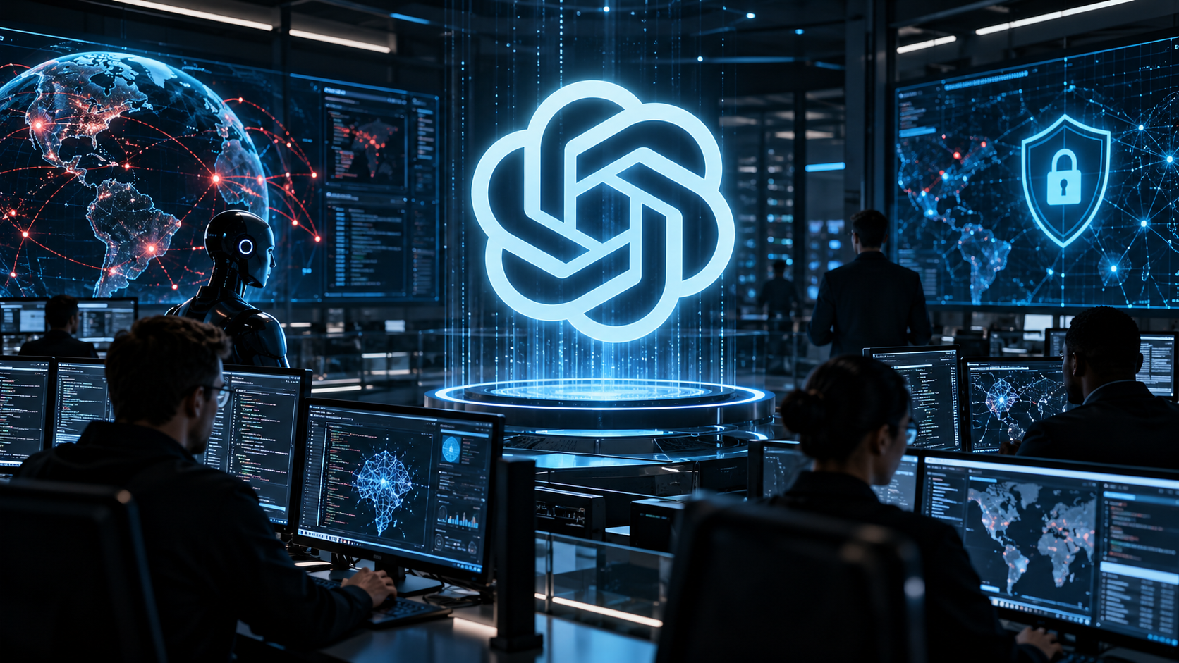 Illustration de GPT-6 Cyber avec le logo ChatGPT au centre d’un centre de cybersécurité, entouré d’analystes, d’écrans de surveillance réseau et de systèmes de défense numérique, pour illustrer le futur modèle spécialisé qu’OpenAI préparerait pour la cyberdéfense et les agents IA.