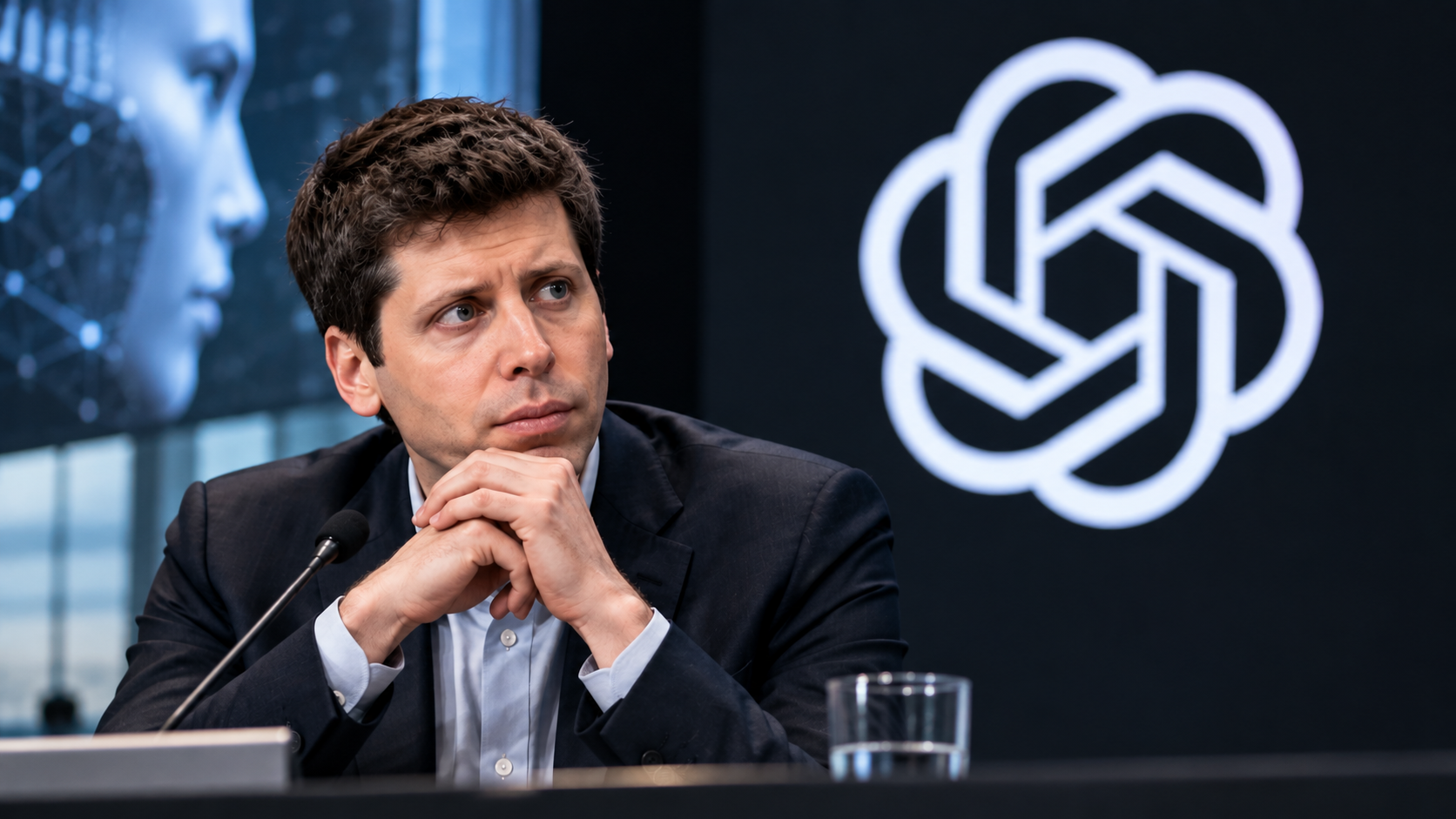 Sam Altman lors d’une conférence devant le symbole d’OpenAI, illustrant sa décision d’écarter une introduction en Bourse d’OpenAI en 2026 dans un contexte de préoccupations croissantes sur la sécurité et les risques de l’intelligence artificielle.