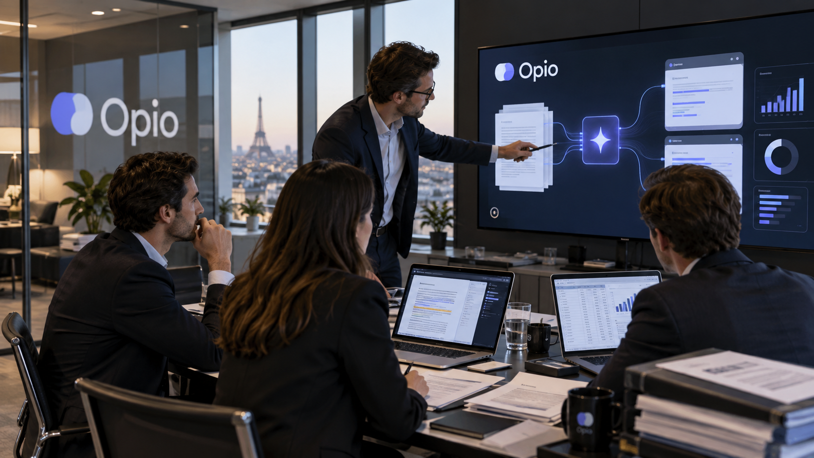 Équipe financière utilisant la plateforme d’intelligence artificielle Opio pour analyser des documents, comptes et données dans le cadre d’une due diligence financière et d’une opération de fusion-acquisition.