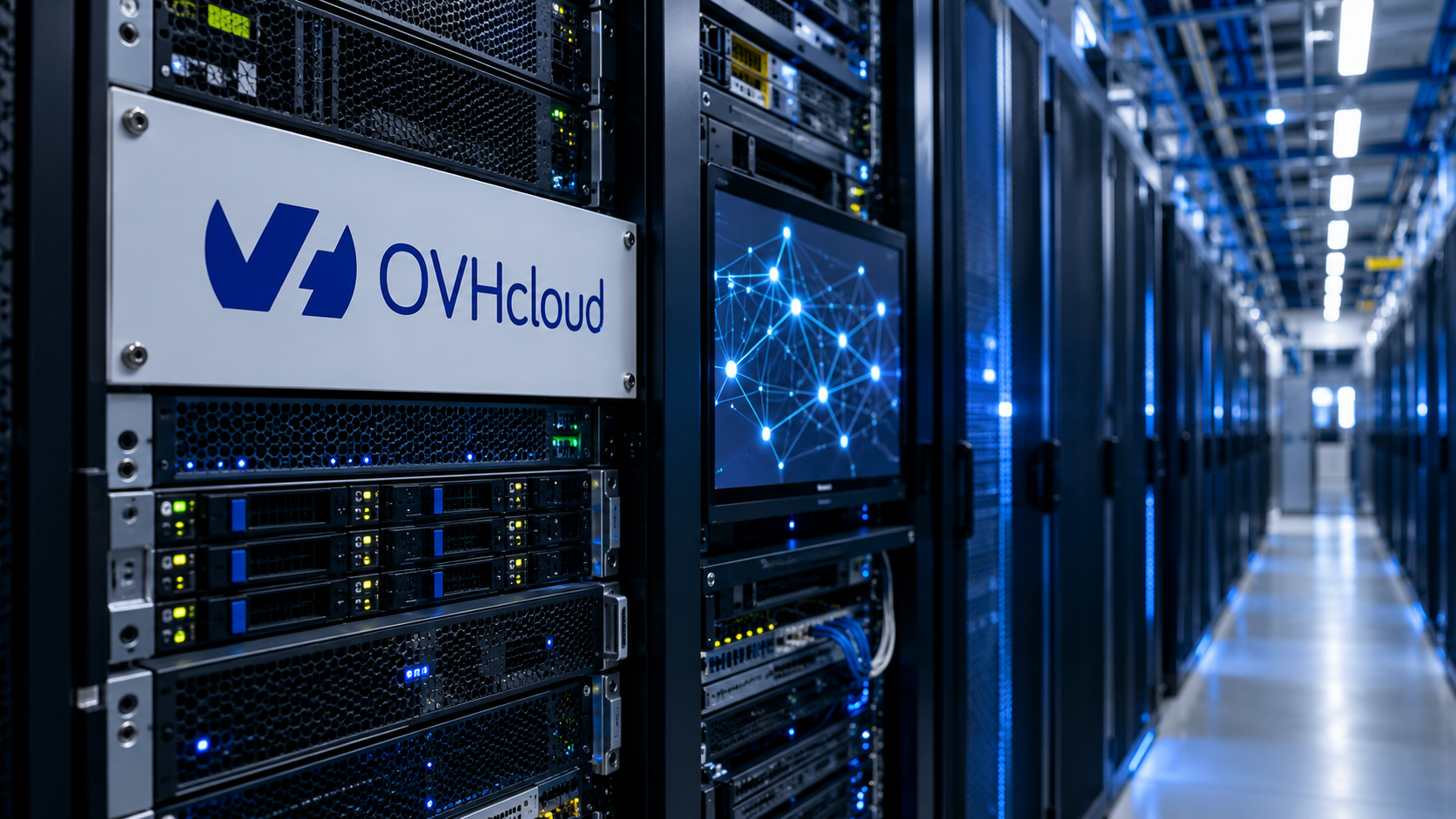 Illustration de la stratégie d’OVHcloud dans l’intelligence artificielle : au premier plan, une baie de serveurs porte une plaque avec le logo OVHcloud, à côté d’un écran affichant un réseau de points lumineux interconnectés. Une allée de racks informatiques éclairés en bleu et blanc s’étend en arrière-plan, évoquant les infrastructures cloud nécessaires au développement et à l’exécution de services d’IA.