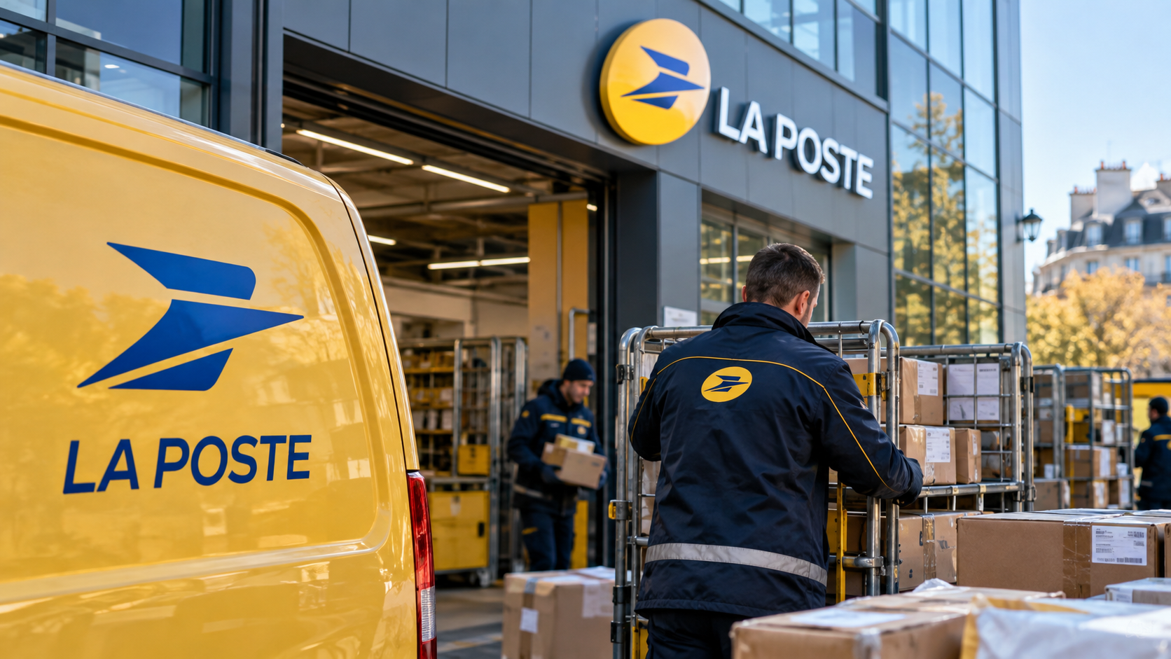 Véhicule jaune de La Poste devant un centre logistique avec des agents manipulant des colis, illustration de la panne technique majeure perturbant l’envoi de courriers et de colis en France.