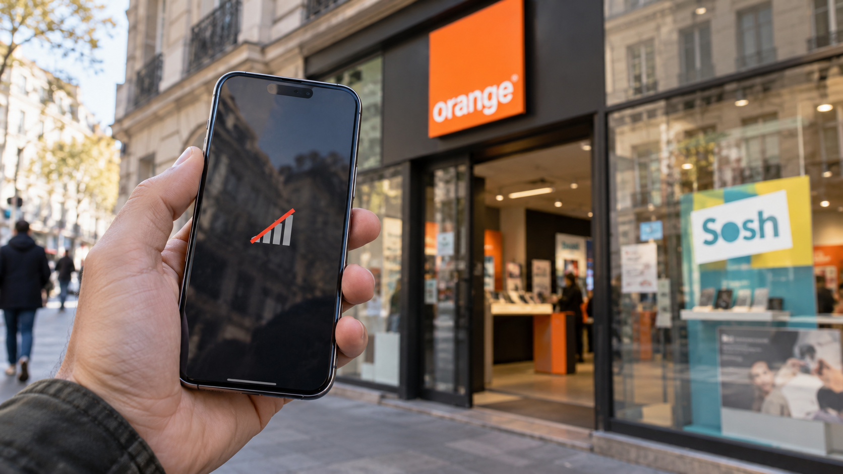 Une main tient un smartphone affichant un symbole de réseau mobile barré devant une boutique Orange, avec une signalétique Sosh en vitrine.