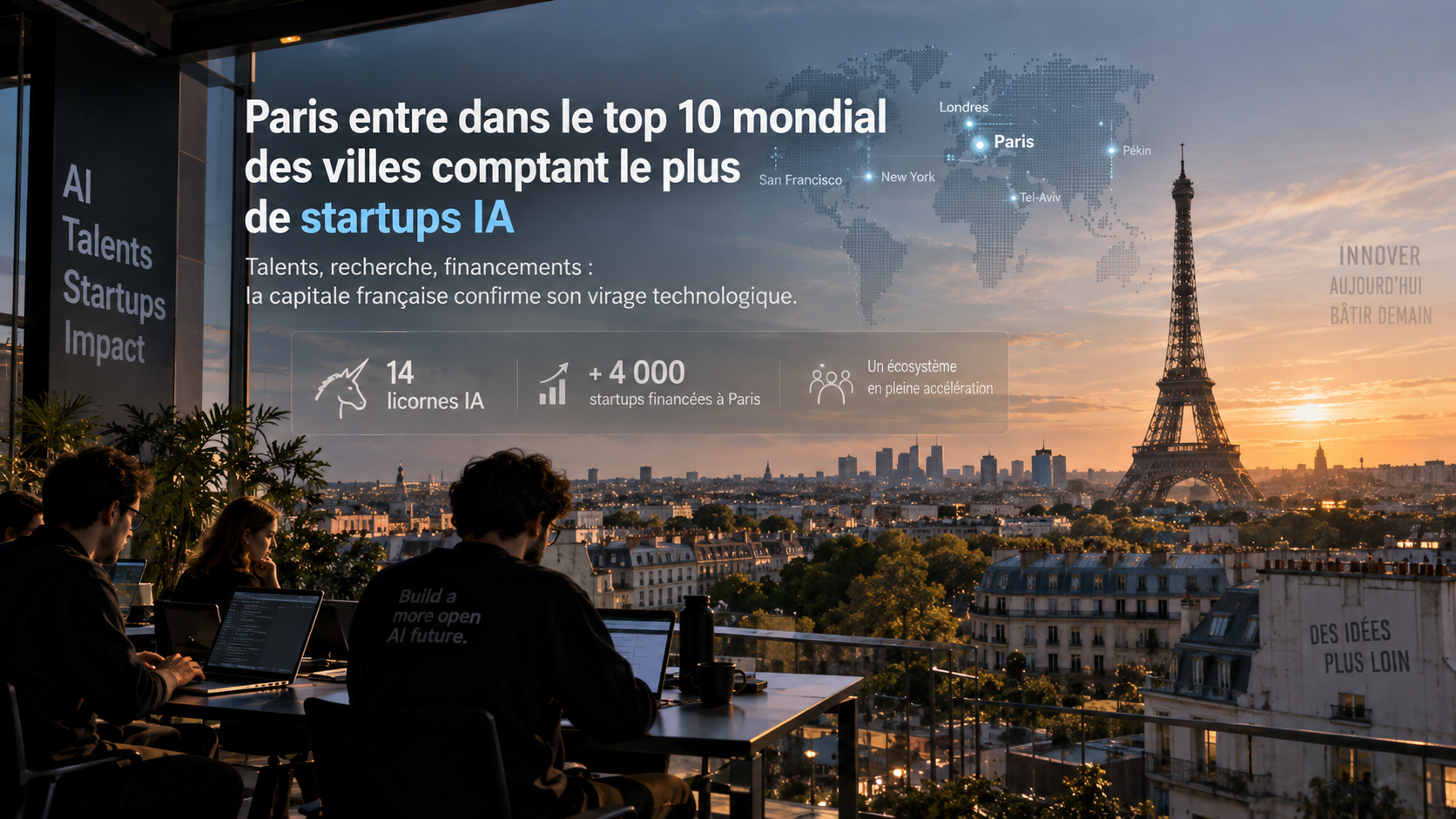 Vue de Paris et de la tour Eiffel illustrant l’essor de l’écosystème des startups d’intelligence artificielle et le positionnement de la capitale parmi les principaux hubs IA mondiaux.