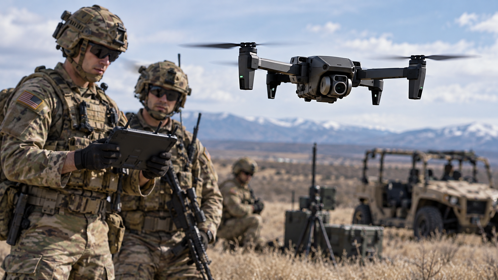 Drone tactique de reconnaissance inspiré du Parrot ANAFI UKR en vol lors d’un exercice de l’US Army, avec des militaires américains utilisant un terminal de contrôle sur un terrain opérationnel, pour illustrer les près de 2 millions de dollars de commandes enregistrées par Parrot et sa progression dans le programme Short Range Reconnaissance en 2026.