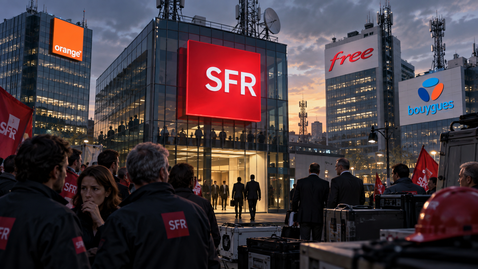 Siège de SFR au centre d’une scène représentant le projet de rachat de l’opérateur par Orange, Free et Bouygues Telecom, avec les logos des quatre groupes, des infrastructures télécoms et des salariés de SFR réunis devant le bâtiment sur fond de tensions sociales.