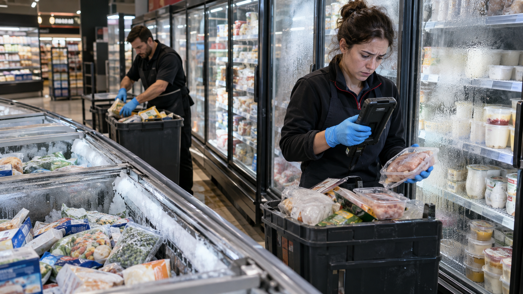 Employés de supermarché contrôlant et retirant des produits frais et surgelés après une rupture de la chaîne du froid, avec vitrines réfrigérées couvertes de condensation et marchandises mises à l’écart en raison d’une hausse anormale de température et d’un risque sanitaire.