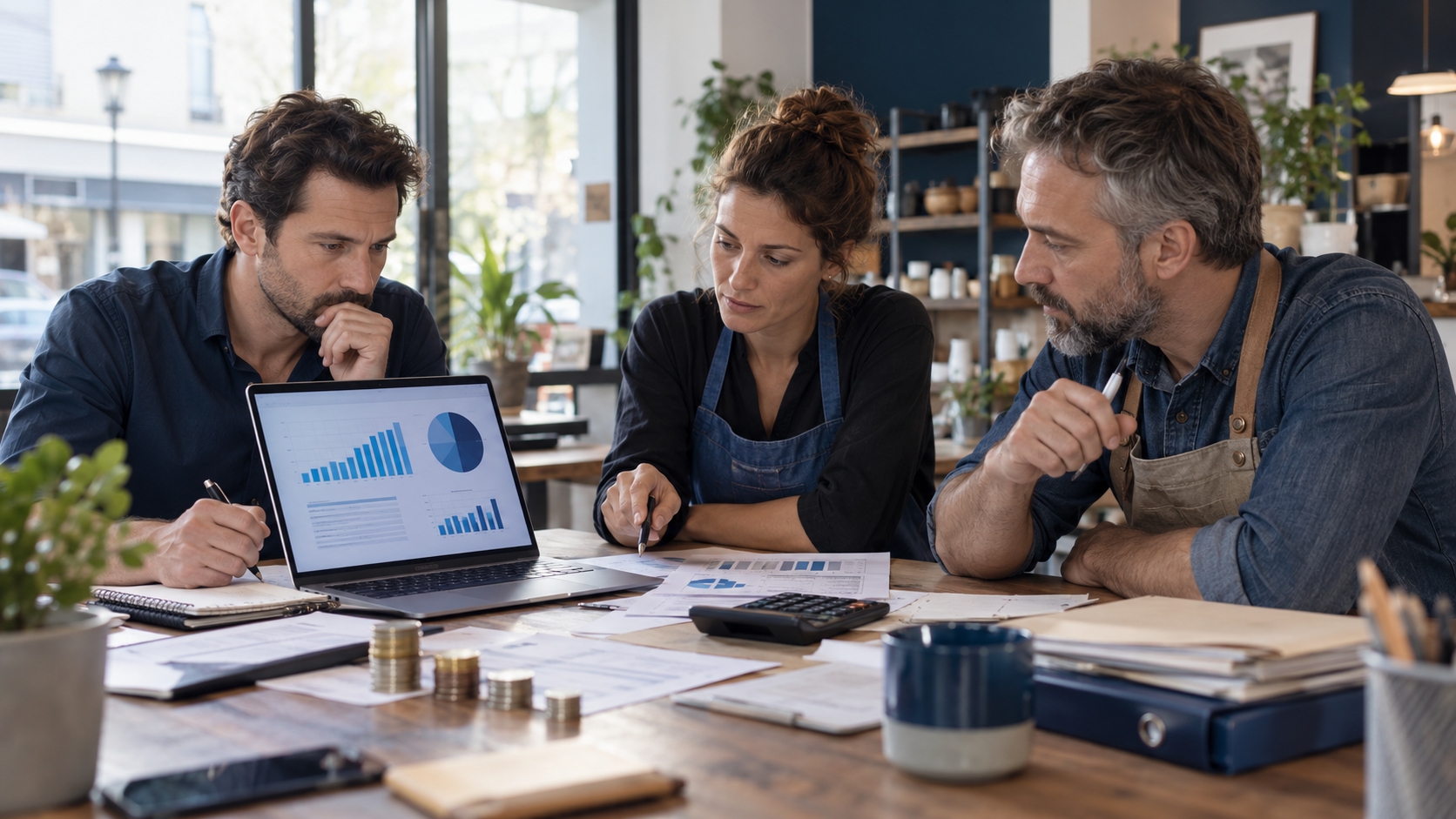 Trois entrepreneurs français analysant des graphiques financiers, des factures et leur trésorerie autour d’un ordinateur afin d’évaluer la rémunération permise par leur chiffre d’affaires.