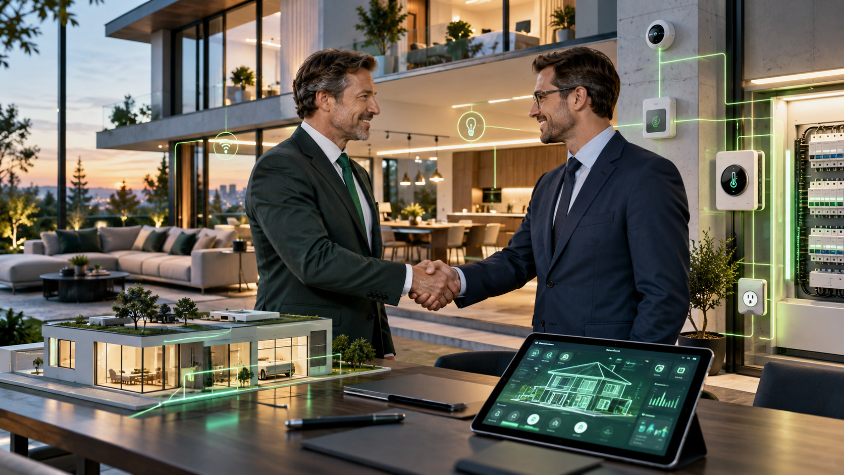 Deux dirigeants se serrent la main dans une maison intelligente équipée de systèmes connectés et de gestion énergétique, illustration du projet de rachat de Shelly Group par Schneider Electric pour 1,2 milliard d’euros.