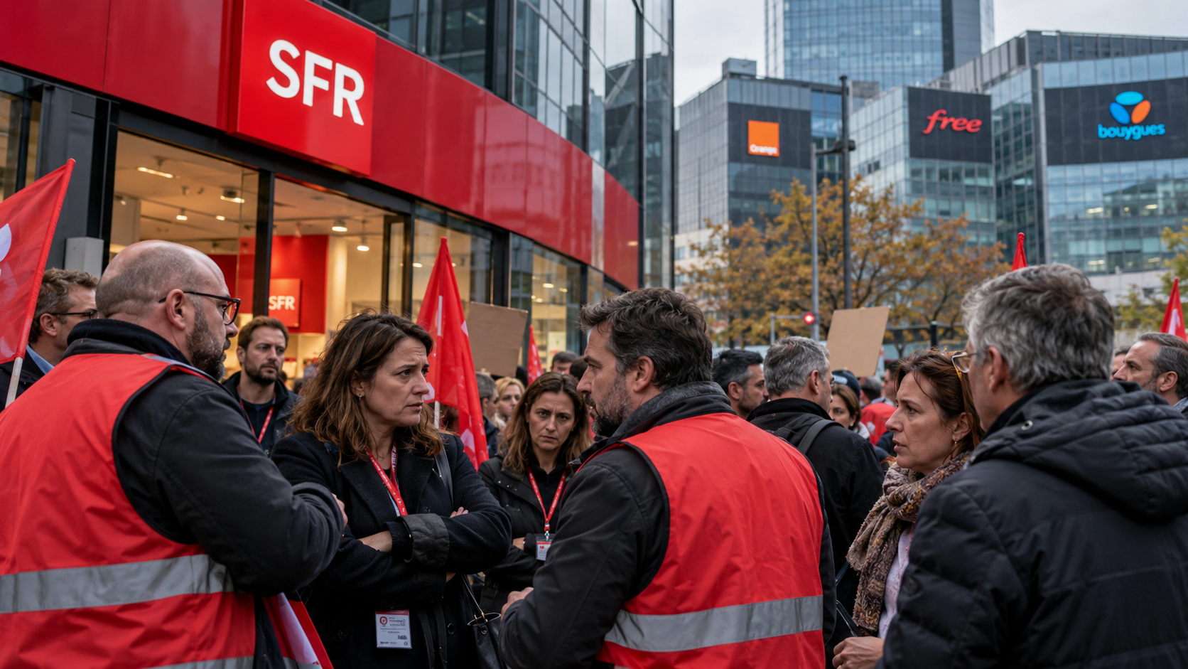 Salariés de SFR rassemblés lors d’un mouvement de grève devant un site de l’opérateur, sur fond de logos Orange, Free et Bouygues Telecom, alors que le projet de vente de SFR pour 20,35 milliards d’euros soulève des inquiétudes sur l’emploi et le transfert des salariés.