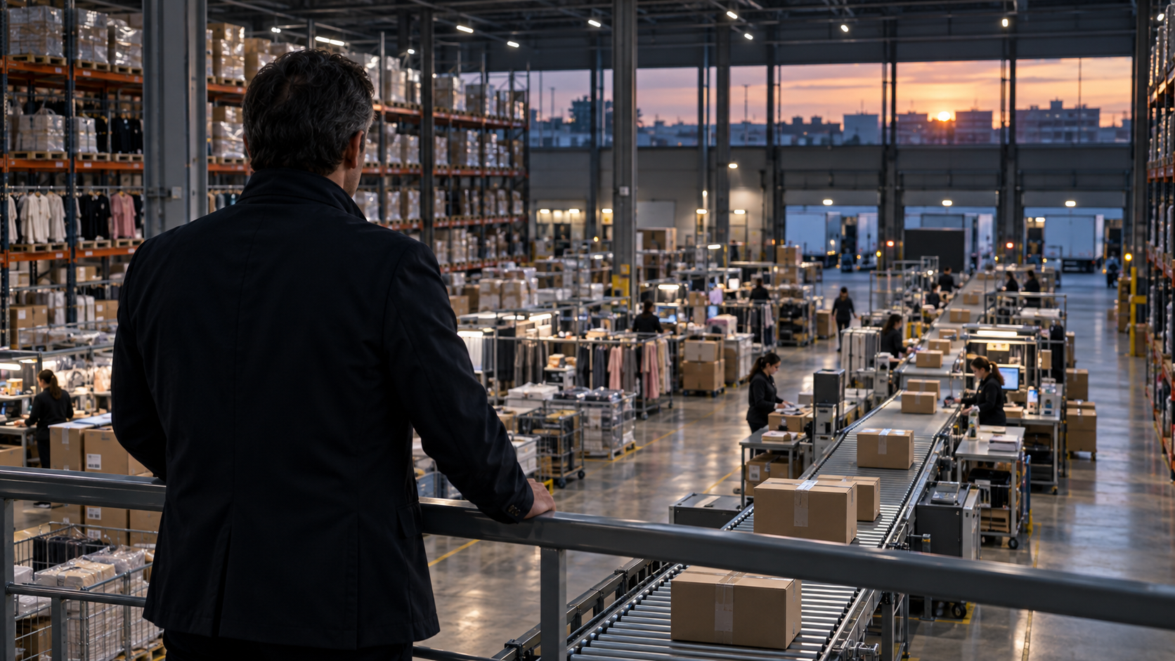 Vue d’un entrepôt de commerce en ligne au crépuscule : un responsable observe depuis une mezzanine les postes de préparation, les vêtements et les colis sur un convoyeur. Illustration de l’activité logistique évoquée dans l’article sur les résultats semestriels 2026 et la trésorerie de Showroomprivé.