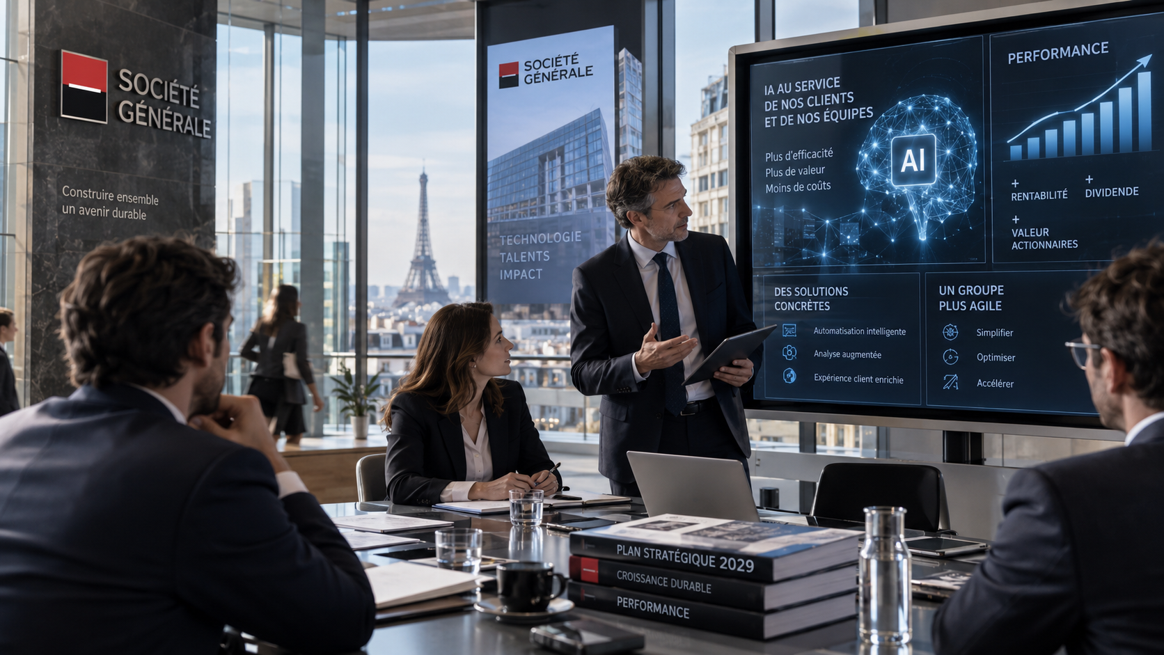 Réunion stratégique de Société Générale à Paris autour de son plan 2029, avec des écrans représentant l’intelligence artificielle, la réduction des coûts, la rentabilité et la valeur pour les actionnaires.
