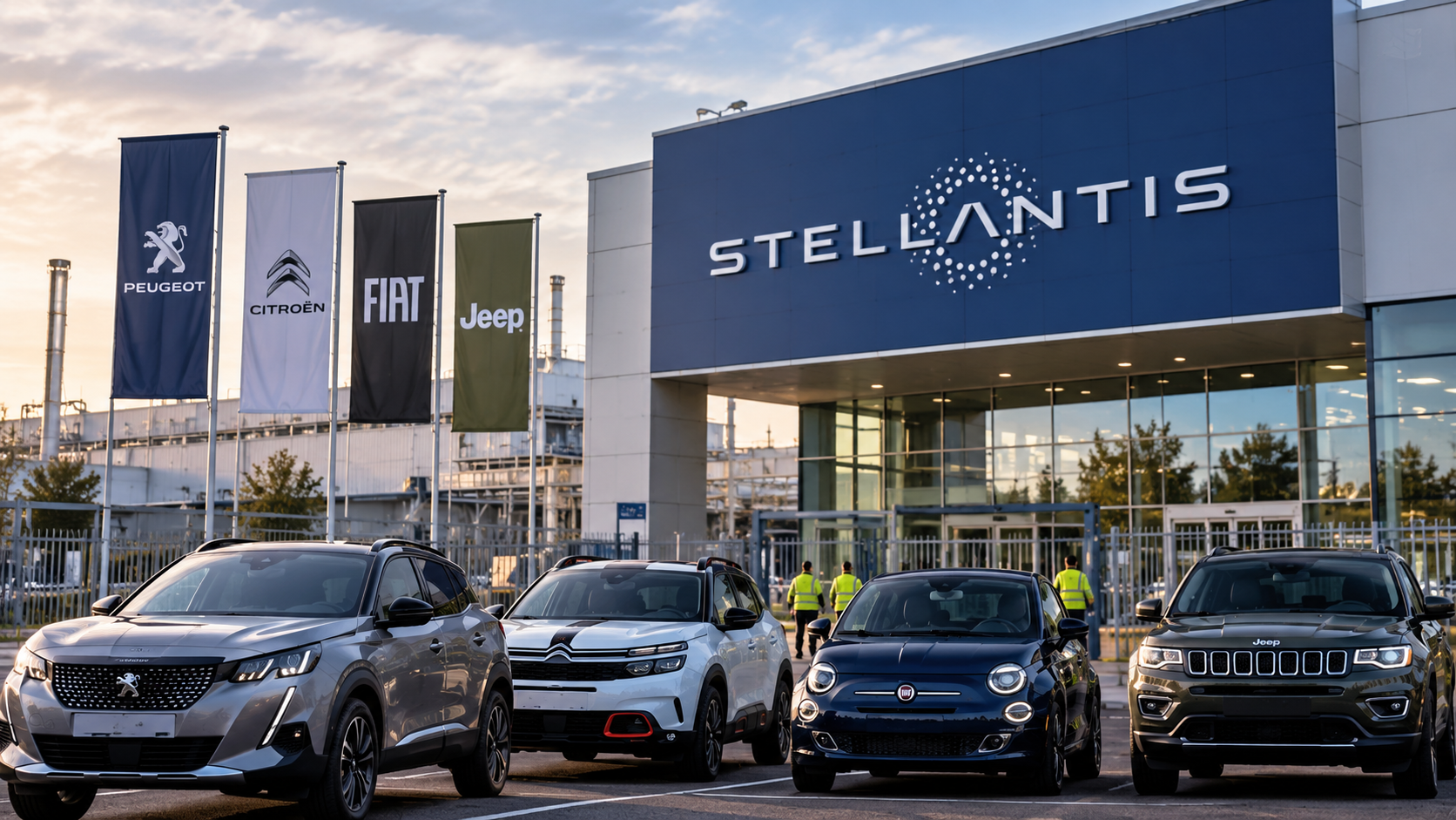 Illustration d'un site industriel Stellantis avec l'enseigne du groupe et plusieurs véhicules de ses marques Peugeot, Citroën, Fiat et Jeep, accompagnant la publication des résultats financiers du troisième trimestre 2026, marqués par une perte nette de 453 millions d'euros.