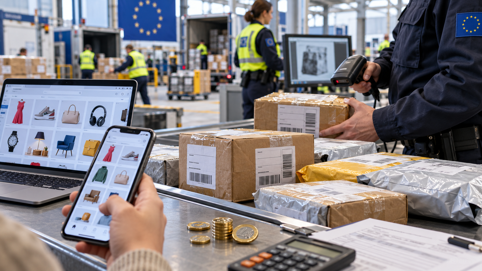 Agent des douanes procédant au contrôle de colis issus du commerce électronique international dans un centre logistique européen. Plusieurs cartons et petits colis d'importation sont inspectés à l'aide d'un lecteur de codes-barres, tandis qu'un ordinateur portable et un smartphone affichent des interfaces de boutiques en ligne proposant vêtements, accessoires et objets de consommation. Des pièces en euros et un drapeau de l'Union européenne illustrent les nouveaux frais de traitement douanier de 2 euros applicables à partir du 1er novembre 2026 aux importations concernées, notamment celles réalisées via Temu, Shein et AliExpress.