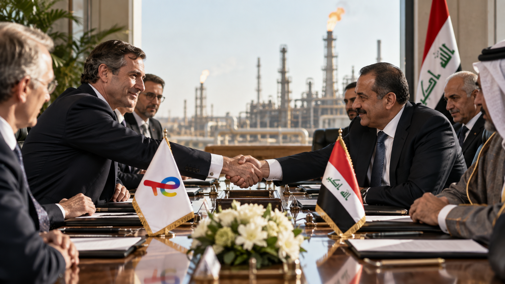 Représentants de TotalEnergies et responsables irakiens en négociation autour de nouveaux projets énergétiques en Irak, avec une installation pétrolière en arrière-plan.