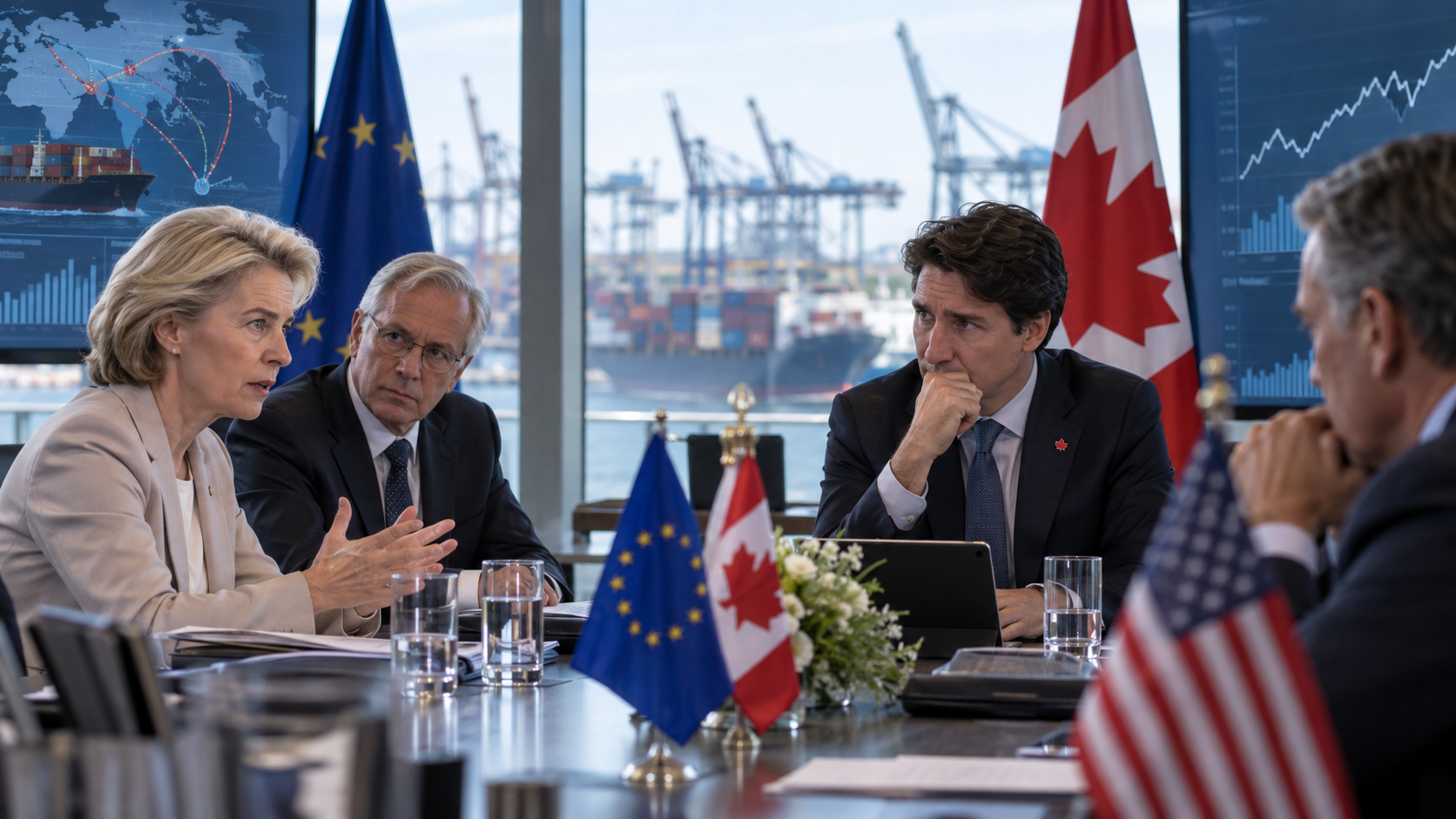 Réunion commerciale entre représentants de l’Union européenne et du Canada sur fond de port international, avec drapeaux européen, canadien et américain illustrant les tensions commerciales et les menaces de droits de douane des États-Unis.