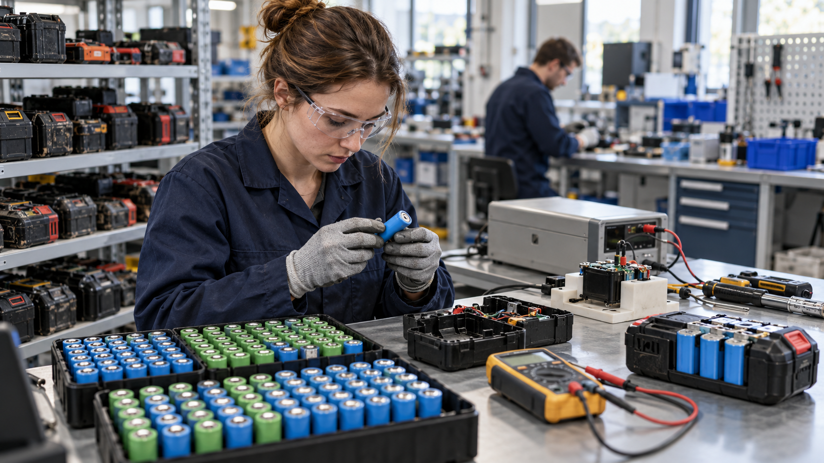 Illustration d’une technicienne examinant une cellule lithium dans un atelier, devant des batteries démontées, des cellules triées et des équipements de diagnostic.