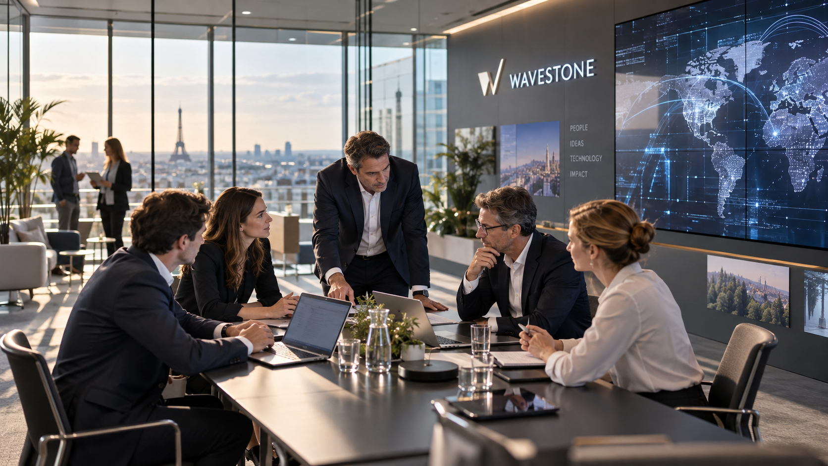 Illustration de Wavestone avec des consultants réunis dans un environnement professionnel consacré à la stratégie, à la transformation numérique et à l’intelligence artificielle, pour illustrer l’analyse du capital, des 41,76 millions de droits de vote et de la gouvernance du cabinet en 2026.