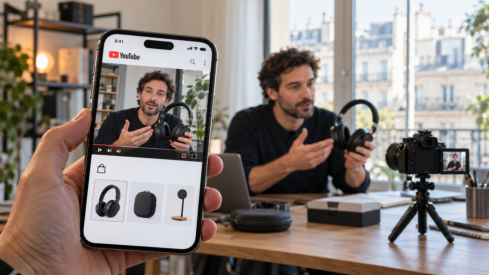 Un smartphone affiche une vidéo YouTube montrant un créateur qui présente un casque audio, avec une sélection de fiches produits sous le lecteur. À l’arrière-plan, le même créateur filme sa démonstration devant une caméra sur trépied, dans un studio lumineux. Illustration du fonctionnement de YouTube Shopping et de l’affiliation pour les créateurs en France.