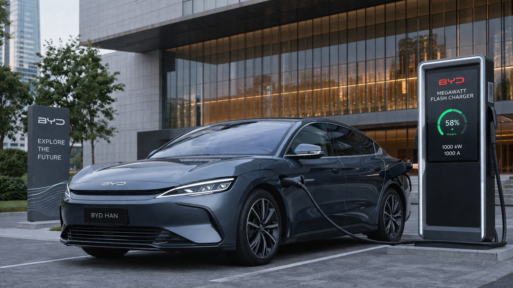 Berline électrique BYD stationnée devant une borne de recharge ultra-rapide, dans un environnement urbain moderne, l’offensive technologique du constructeur chinois sur la recharge haute puissance.