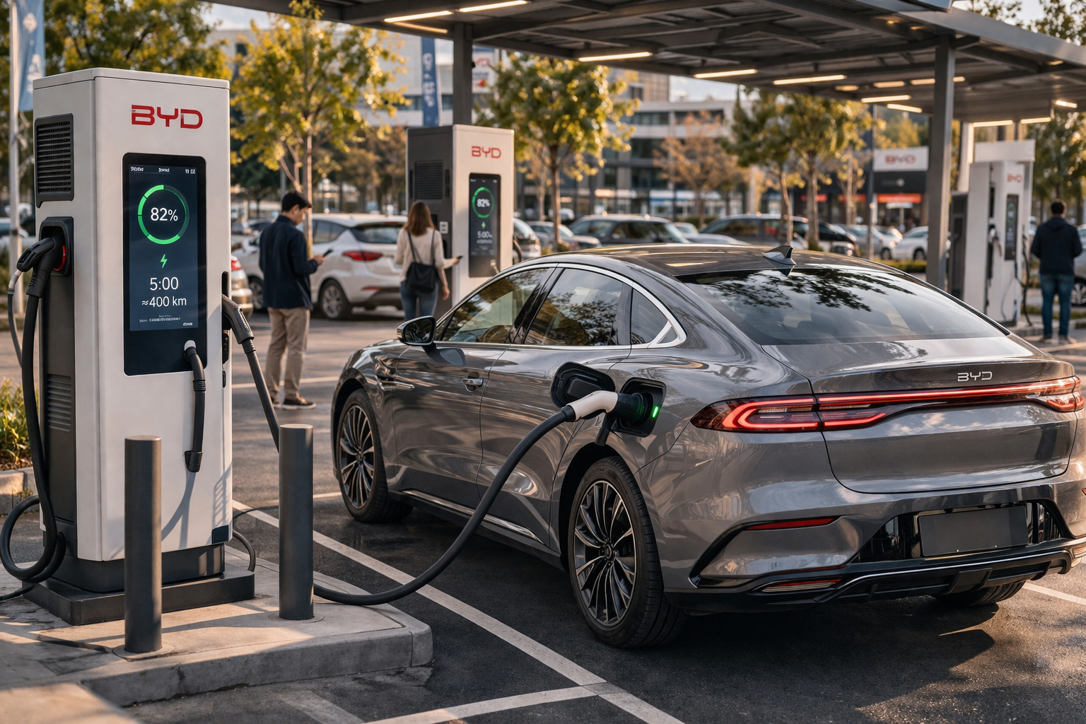 Voiture électrique BYD en cours de recharge sur une station rapide dans un parking contemporain, la promesse de recharge en cinq minutes et la montée en puissance de l’infrastructure électrique.