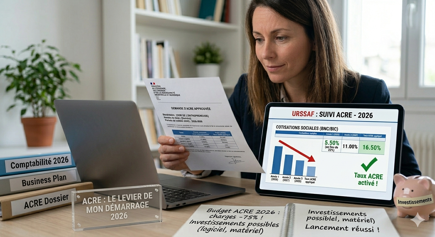 Une entrepreneuse consulte son suivi ACRE 2026 sur tablette, affichant une réduction des cotisations sociales à 5,50 % pour le lancement de sa micro-entreprise.