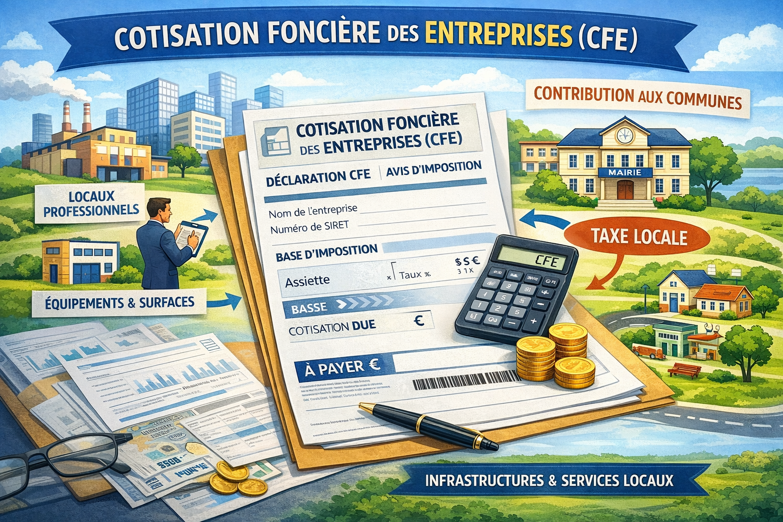 avis de cotisation foncière des entreprises (CFE), symbole de la fiscalité locale appliquée aux locaux professionnels et au financement des services communaux.