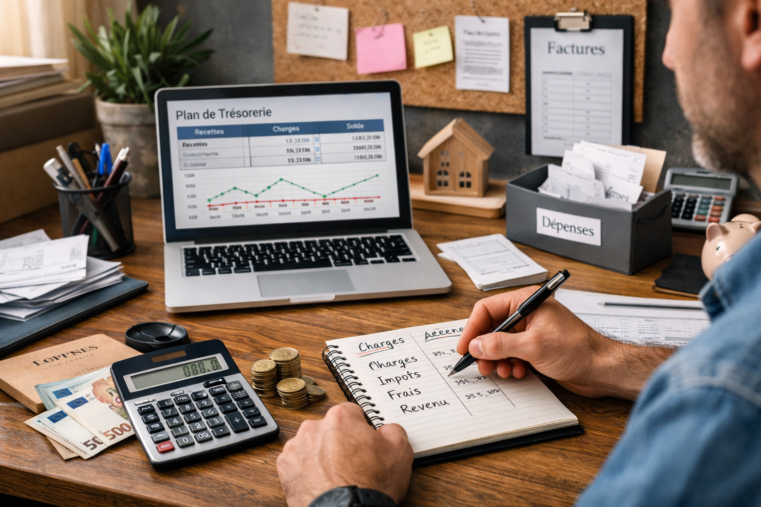 Entrepreneur à son bureau en train de préparer sa gestion fiscale et budgétaire, avec calculatrice, suivi des charges, factures, espèces et ordinateur affichant un plan de trésorerie pour anticiper impôts et dépenses de l’entreprise.
