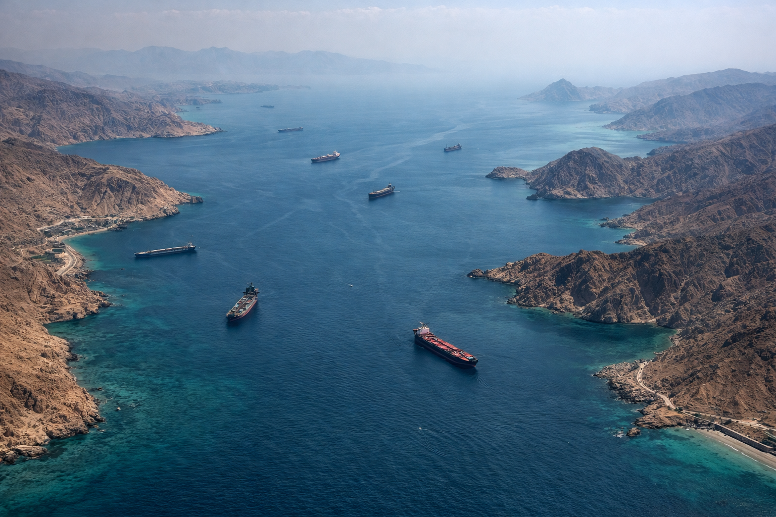 Vue aérienne du détroit d’Ormuz entre reliefs arides et eaux profondes, traversé par plusieurs pétroliers et navires marchands, illustrant le rôle stratégique de ce passage pour l’approvisionnement énergétique mondial.