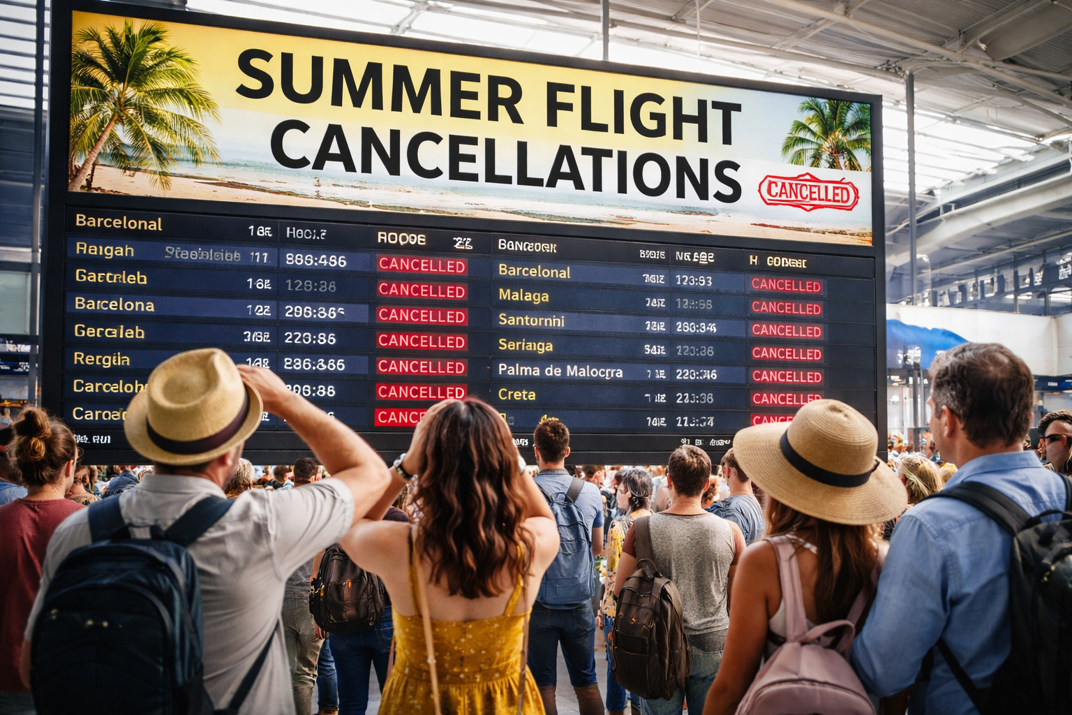 Voyageurs rassemblés devant un grand tableau d’affichage saturé d’annulations de vols estivaux, illustrant les tensions sur le trafic aérien et le risque de perturbations pour les départs en vacances.