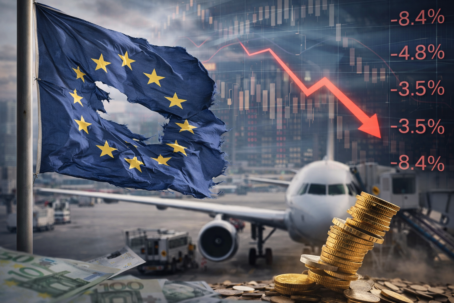 Drapeau européen abîmé devant un avion au sol et des indicateurs financiers en baisse, illustrant le risque de choc économique pour l’Europe en cas de pénurie durable de kérosène dans le transport aérien.