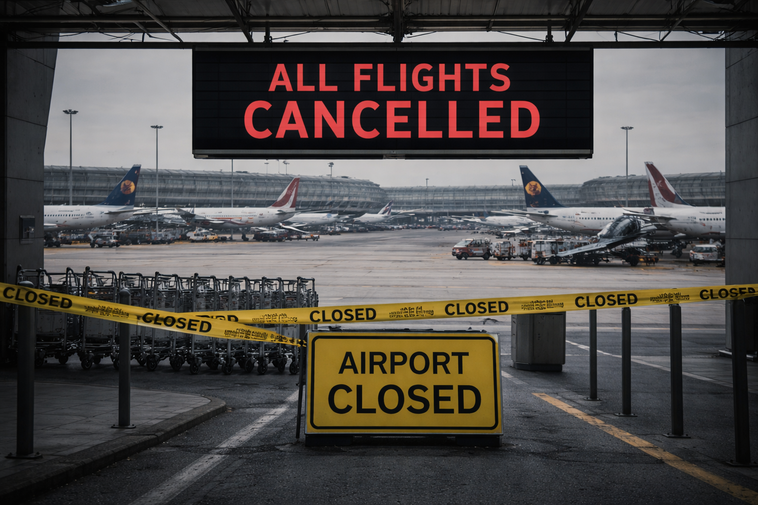 Terminal d’aéroport quasi désert, avions immobilisés au sol et accès fermés, illustrant un arrêt complet du trafic aérien dans un contexte de crise d’approvisionnement et de fortes perturbations opérationnelles.