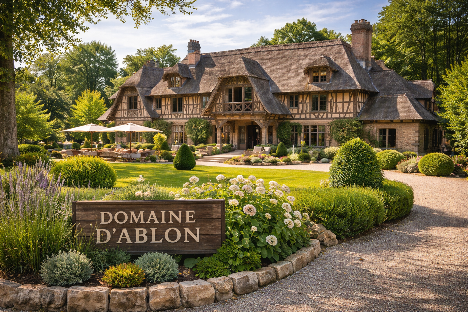 Vue photographique réaliste du Domaine d’Ablon en format paysage, montrant une grande demeure de style normand entourée de jardins soigneusement entretenus, d’allées gravillonnées et d’un panneau d’entrée au premier plan, dans une ambiance lumineuse et haut de gamme.