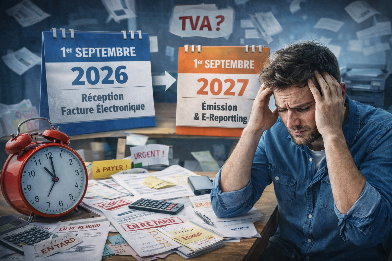 Un micro-entrepreneur sous pression face à la réforme de la facturation électronique, entre échéances de 2026-2027, gestion administrative et crainte de ne pas être prêt à temps.