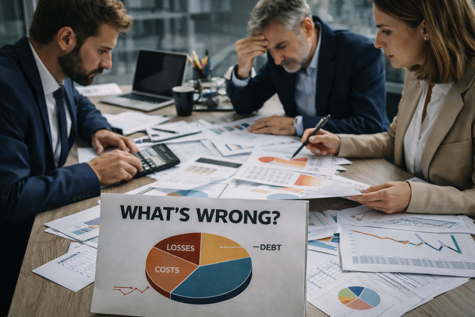 Équipe de direction en pleine analyse financière, photographiée en format paysage, examinant graphiques, tableaux de coûts et indicateurs de performance pour identifier les causes des difficultés de l’entreprise, dans une ambiance de diagnostic stratégique et de tension professionnelle.