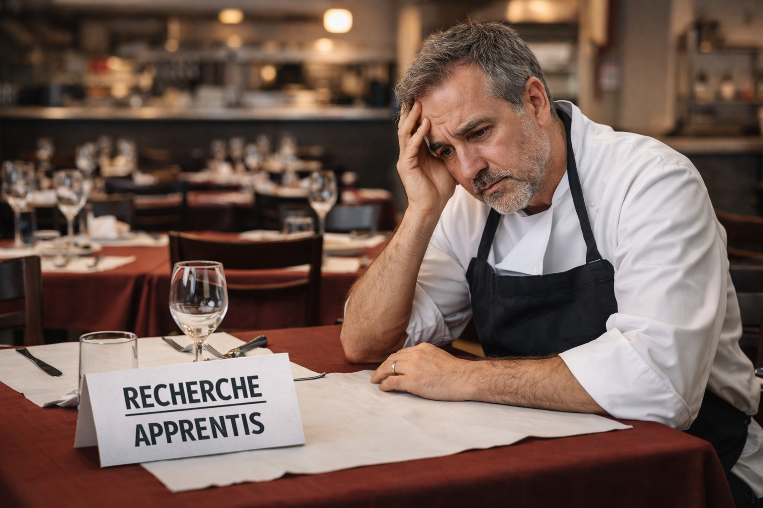 Patron de restaurant seul dans une salle presque vide, visiblement préoccupé par le manque d’apprentis, dans une ambiance réaliste et professionnelle illustrant les tensions de recrutement dans l’hôtellerie-restauration.