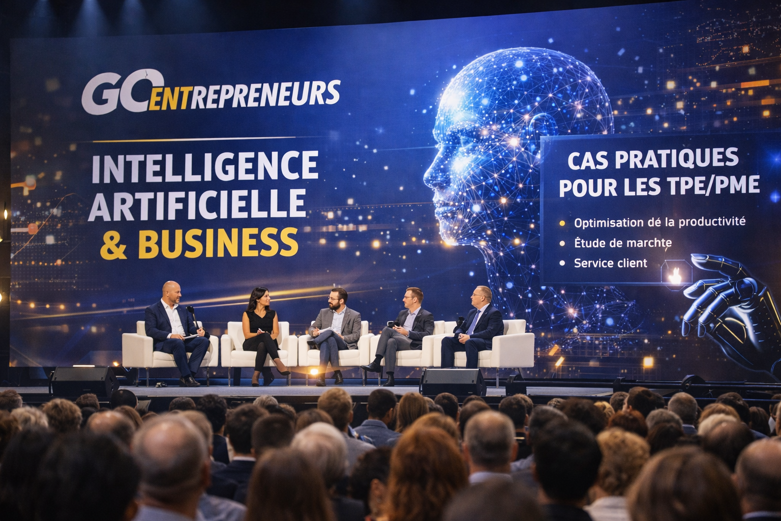 Conférence sur l’intelligence artificielle à GO Entrepreneurs, où l’IA apparaît comme un levier concret de transformation pour les entrepreneurs, TPE et PME en 2026.