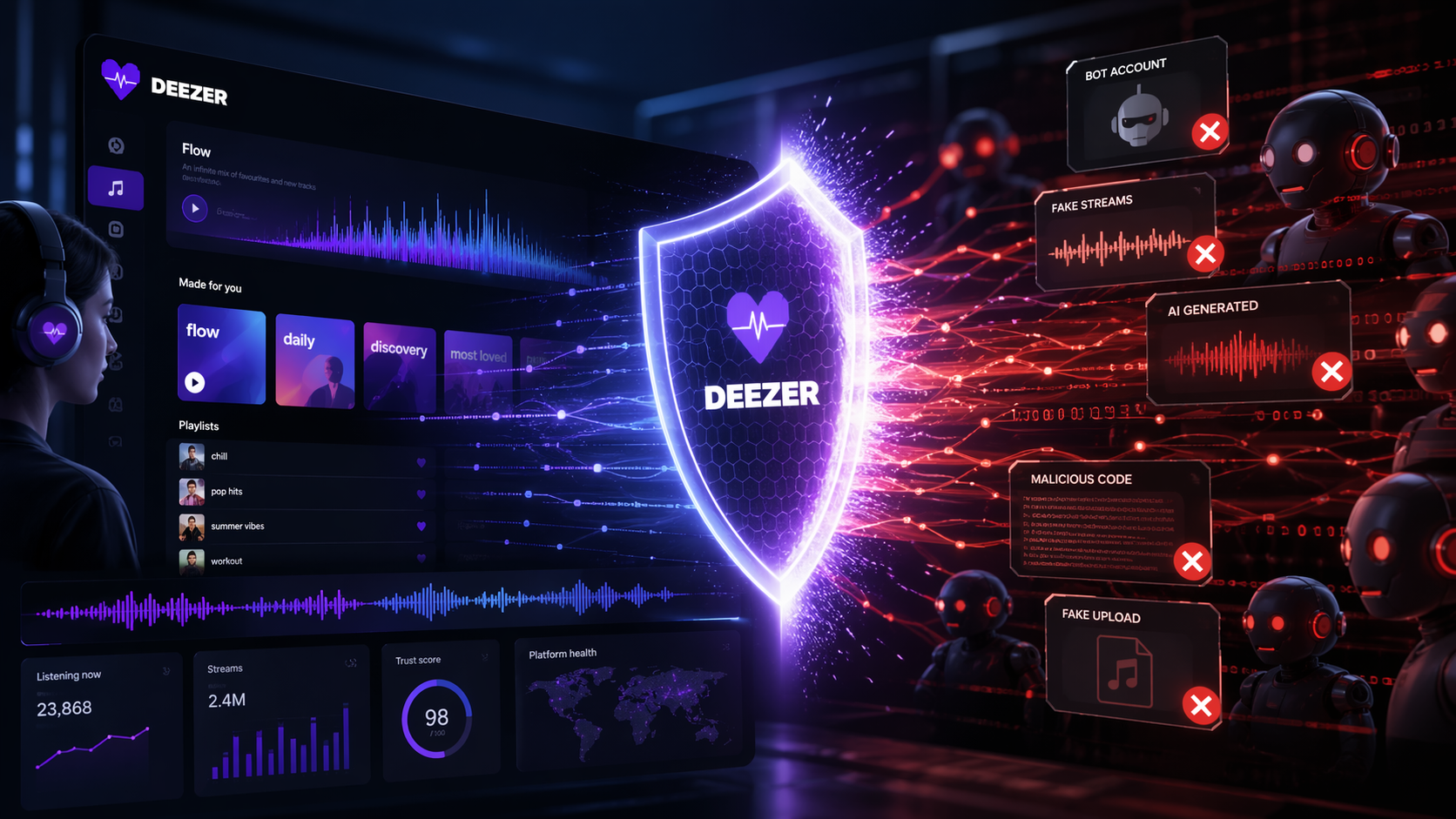 Deezer protège sa plateforme contre la fraude liée à l’intelligence artificielle, avec une interface de streaming sécurisée, un bouclier numérique au centre et plusieurs tentatives de faux flux, faux comptes et contenus IA bloquées en arrière-plan.