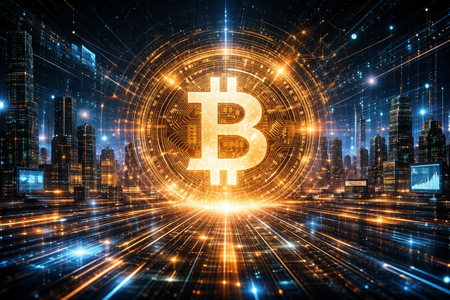 Illustration futuriste du Bitcoin avec un symbole lumineux au centre d’une ville numérique, entouré de flux de données, de graphiques financiers et d’un environnement technologique avancé.