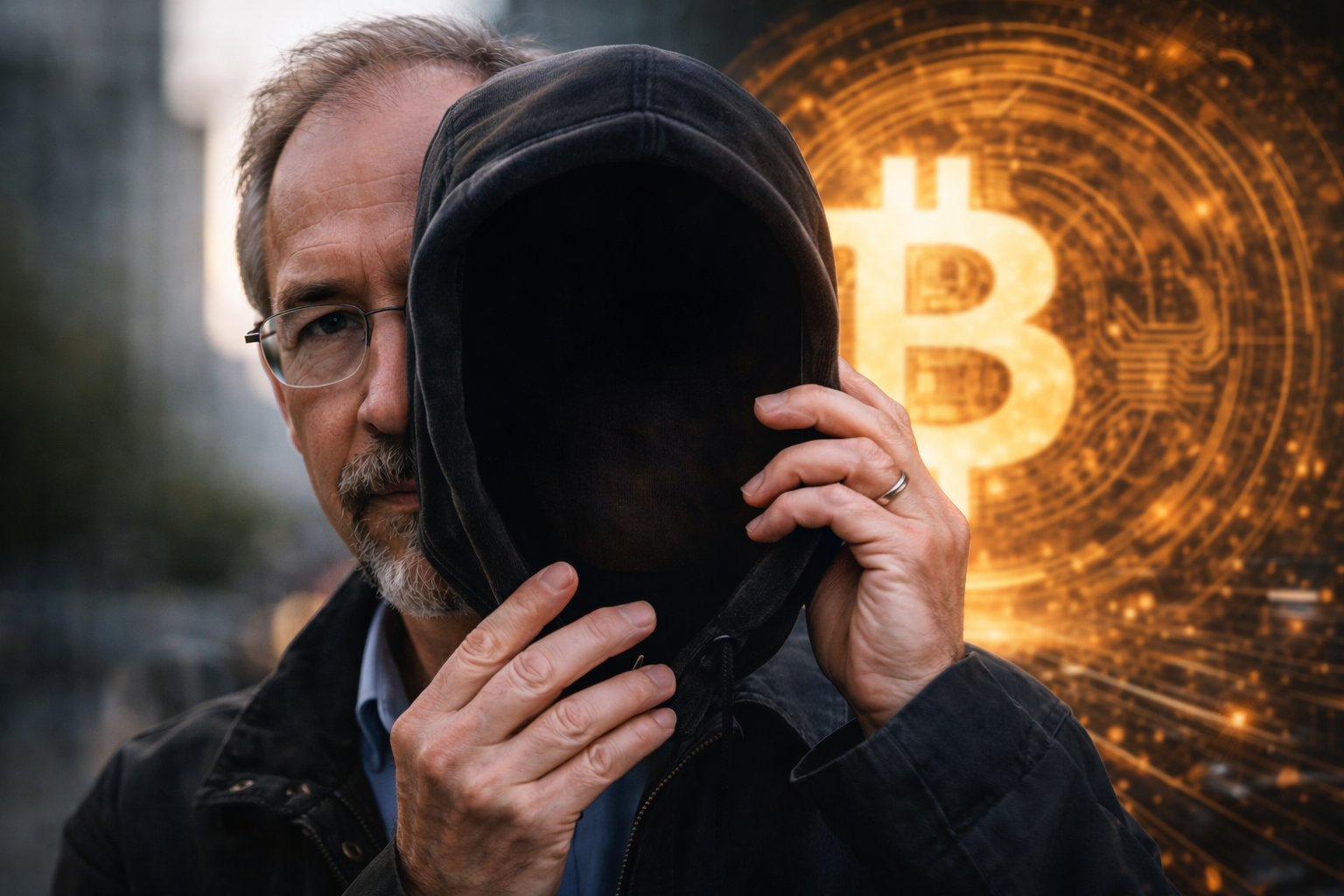 Adam Back tenant un masque sombre représentant Satoshi Nakamoto devant son visage, avec un symbole Bitcoin lumineux en arrière-plan, illustrant le mystère autour de l’identité du créateur du Bitcoin.